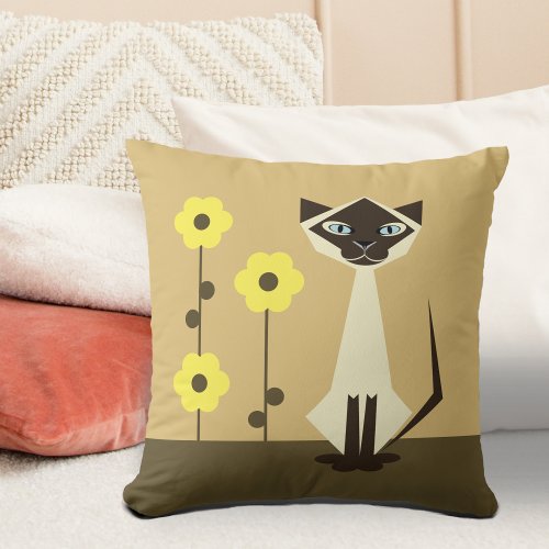 Flowers and Siamese Cat Throw Pillow