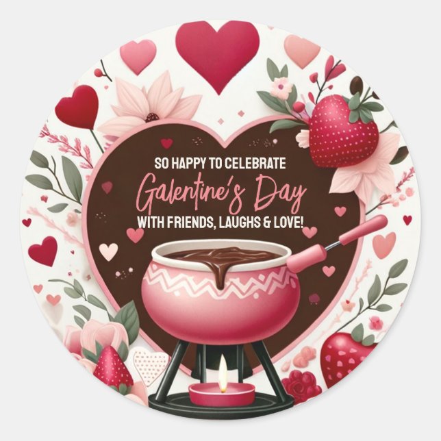Flowers and Strawberries Galentine's Fondue Party Classic Round Sticker (Front)