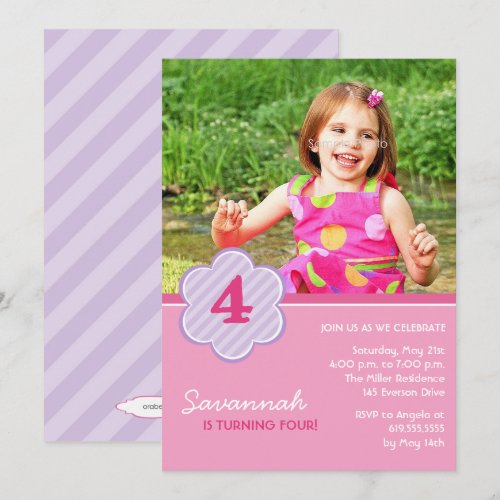 Flowers and Stripes Girls Photo Birthday Invite Invites