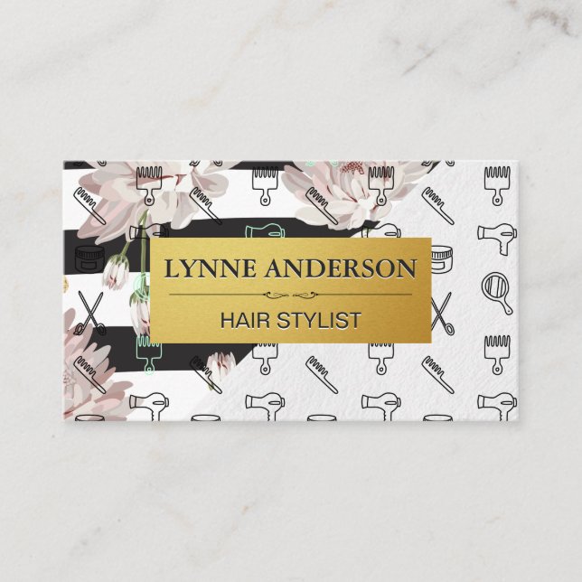 Flowers and Stripes | Hairstylist Tools Pattern Business Card (Front)