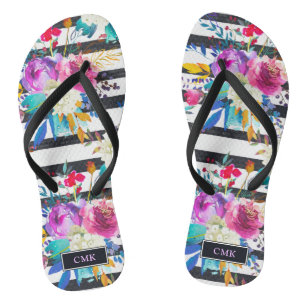 Flowers and Stripes   Trendy and Bright Monogram Flip Flops