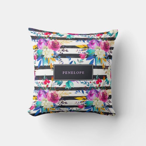 Flowers and Stripes  Trendy and Bright Throw Pillow