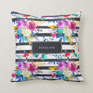 Flowers and Stripes   Trendy and Bright Throw Pillow