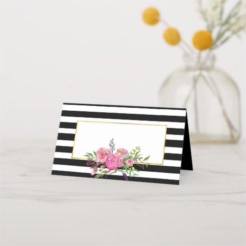 Flowers and Stripes Wedding Folded Place Card