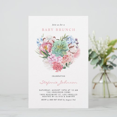 Flowers and Succulent Heart Baby Brunch Invitation