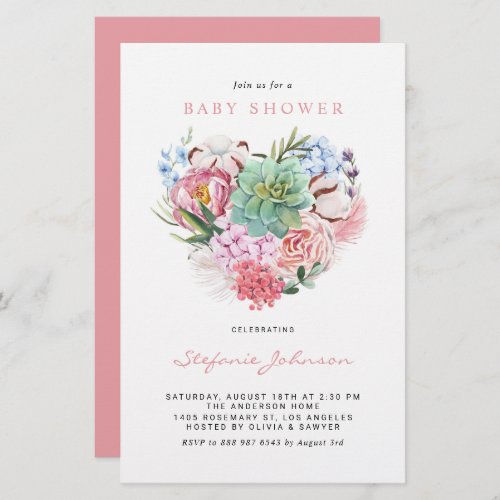 Flowers and Succulent Heart Baby Shower Invitation