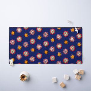 Flowers and sun pattern with dark blue background desk mat