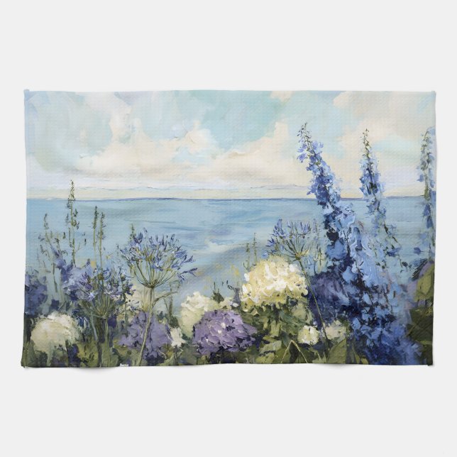 Flowers and the Sea Painting Kitchen Towel (Horizontal)