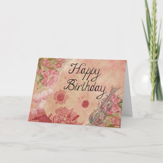 Flowers and Violin Happy Birthday Card