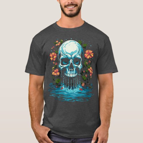 Flowers and waterfall tattoo art skull T_Shirt