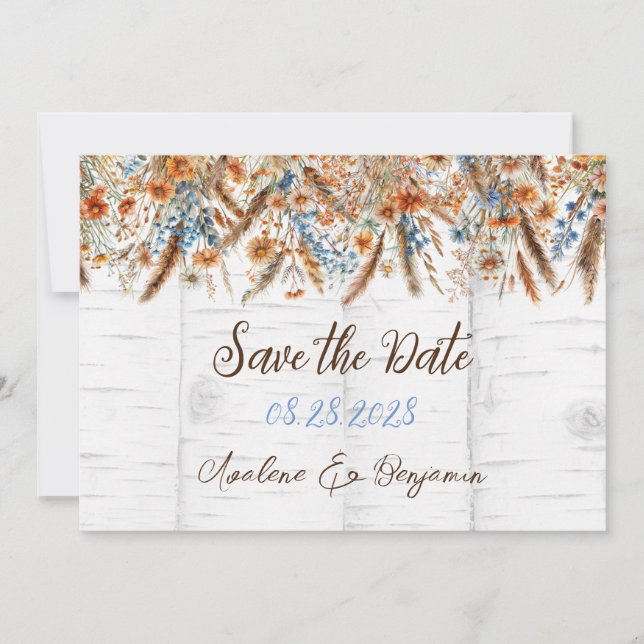 Flowers and White Birch Tree Save the Date Cards (Front)