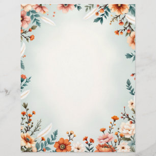 Flowers and White Feathers Stationery Paper