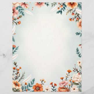 Flowers and White Feathers Stationery Paper