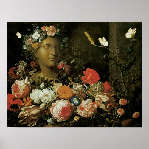 Flowers Around a Classical Bust Poster