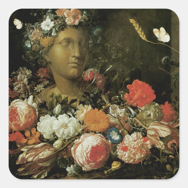 Flowers Around a Classical Bust Square Sticker (Front)