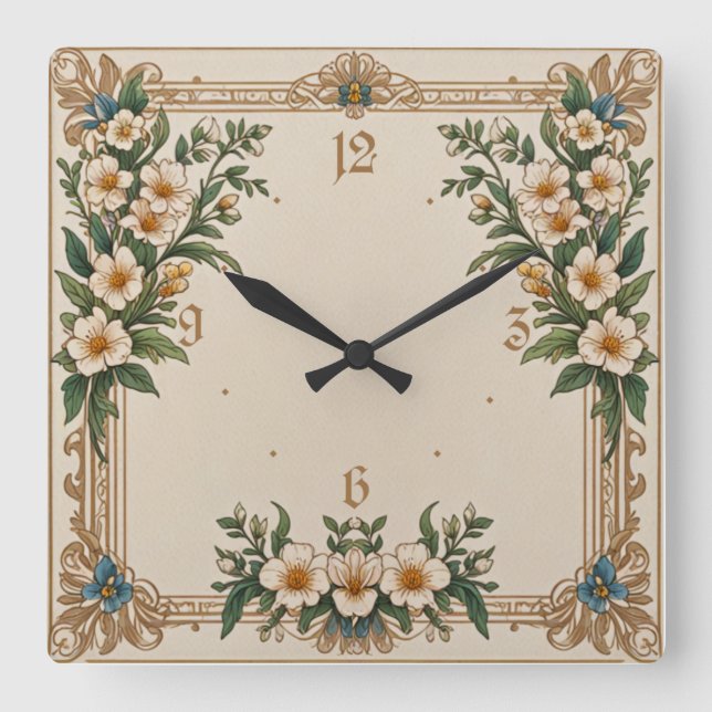 Flowers Art Deco Square Wall Clock (Front)