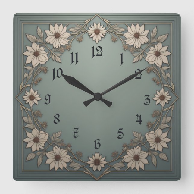 Flowers Art Deco Square Wall Clock (Front)