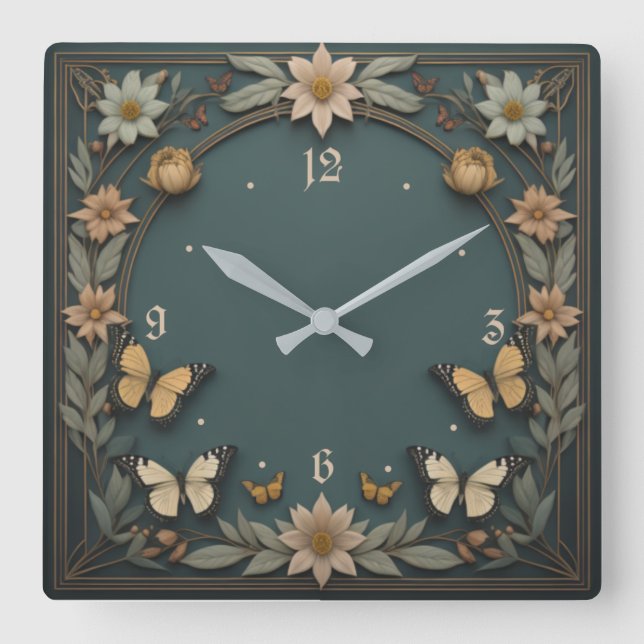 Flowers Art Deco Square Wall Clock (Front)