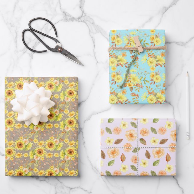 Flowers Autumn Fall Birthday Baby Shower Wedding Wrapping Paper Sheets (Front)