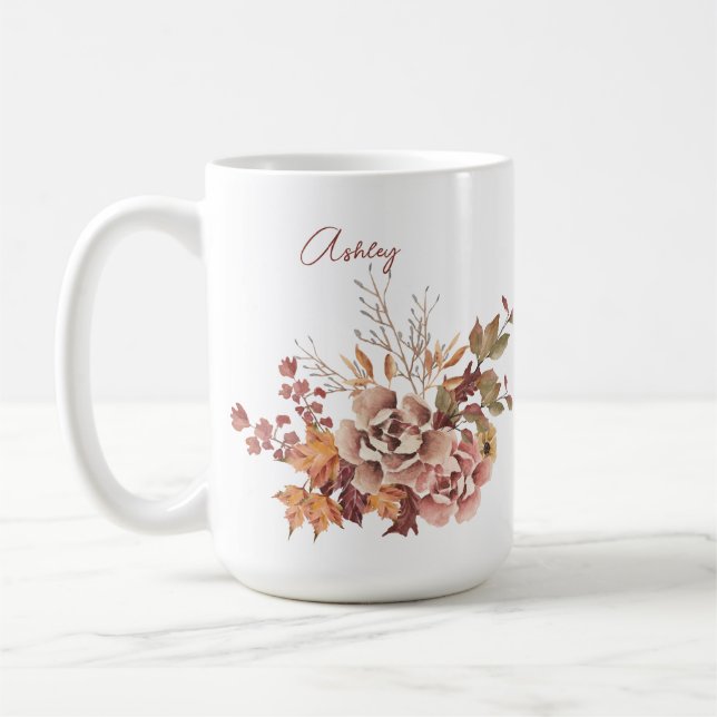 Flowers Autumn Fall Personalized Name Thanksgiving Coffee Mug (Left)