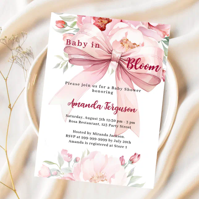Flowers baby in bloom pink bow girl Baby Shower Invitation | Zazzle