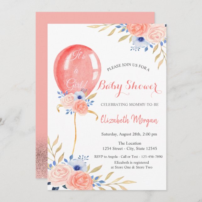 Flowers Balloon Baby Shower Invitation (Front/Back)