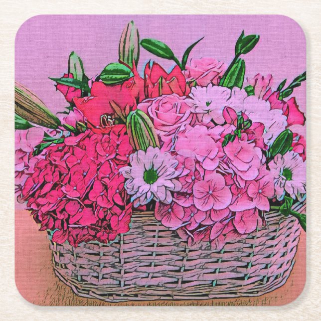 Flowers basket painting square paper coaster (Front)
