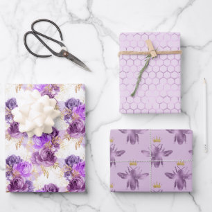 Flowers Bees and Honeycomb Wrapping Paper Sheets