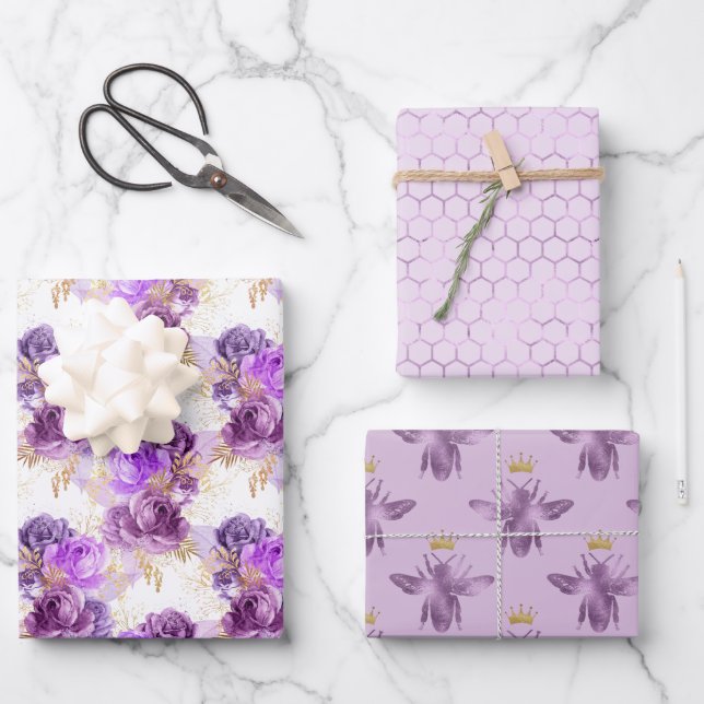 Flowers Bees and Honeycomb Wrapping Paper Sheets (Front)