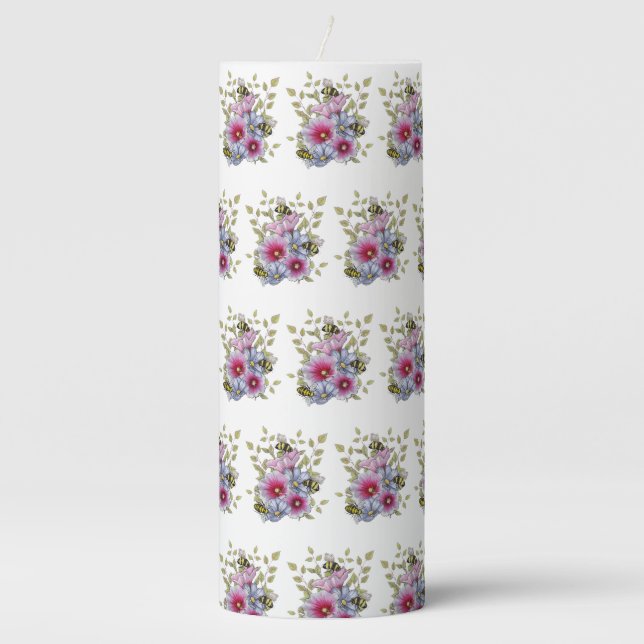 FLOWERS & BEES Digital Drawing, Pink Hollyhocks Pillar Candle (Front)