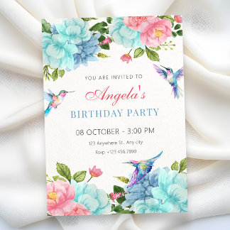 Flowers bird birthday invitation