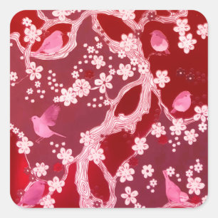 Flowers Bird Cherry Blossoms Blush Pink Square Sticker