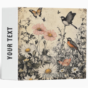 Flowers, Birds & Butterfly on Aged Paper (1) 3 Ring Binder