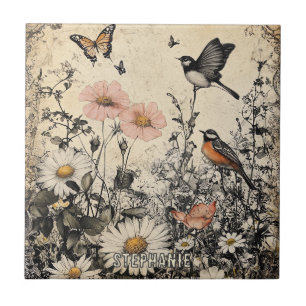 Flowers, Birds & Butterfly on Aged Paper (1) Ceramic Tile