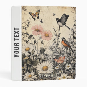 Flowers, Birds & Butterfly on Aged Paper (1) Mini Binder