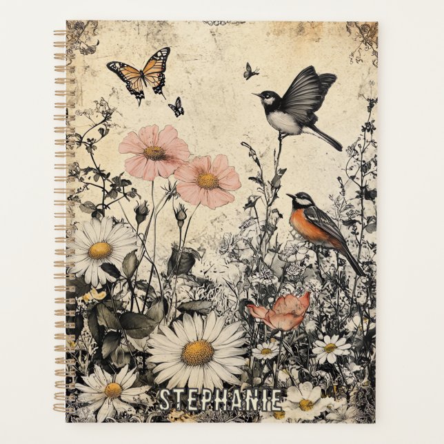 Flowers, Birds & Butterfly on Aged Paper (1) Planner (Front)