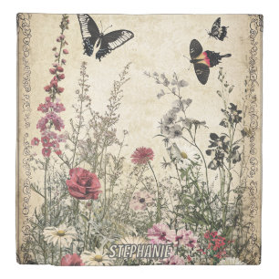 Flowers, Birds & Butterfly on Aged Paper (2) Duvet Cover