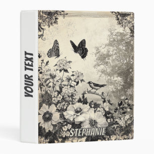 Flowers, Birds & Butterfly on Aged Paper (3) Mini Binder