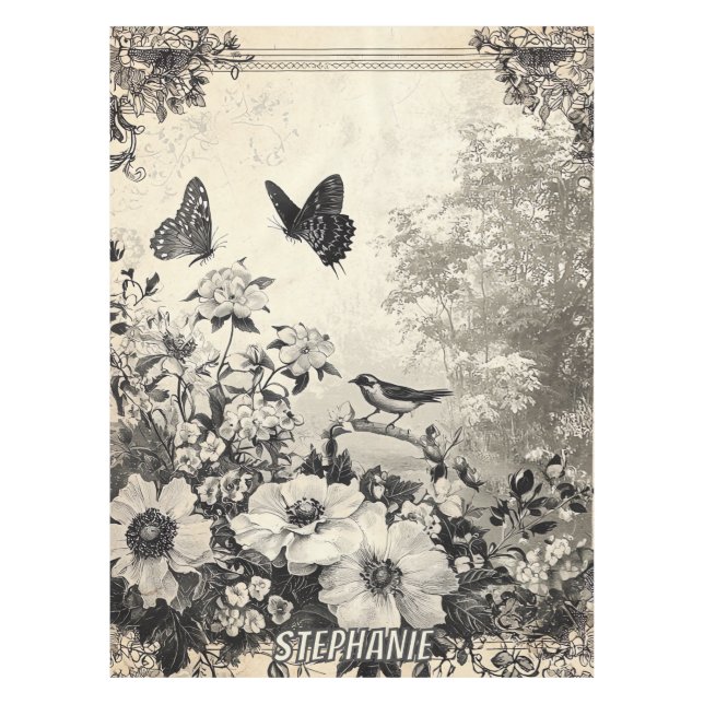 Flowers, Birds & Butterfly on Aged Paper (3) Tablecloth (Front)