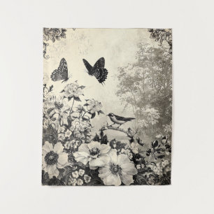 Flowers, Birds & Butterfly on Aged Paper (3) Tapestry