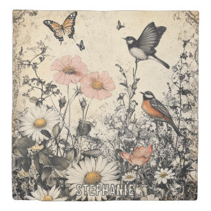 Flowers, Birds & Butterfly on Aged Paper Duvet Cover