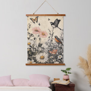 Flowers, Birds & Butterfly on Aged Paper Hanging Tapestry