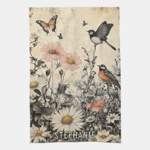 Flowers, Birds & Butterfly on Aged Paper Kitchen Towel