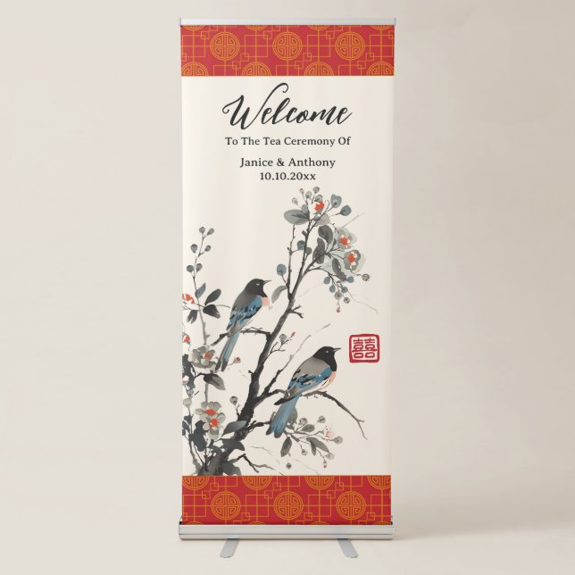 Flowers birds Chinese tea ceremony welcome sign (Front)