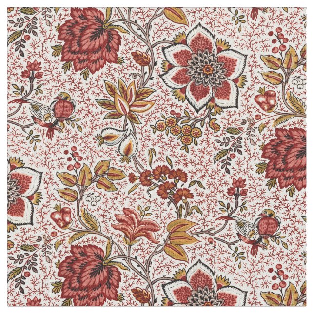 Flowers & Birds Pattern by Oberkampf & Cie Fabric (Close Up)