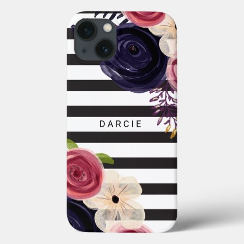 Flowers Black White Striped Personalized iPhone 13 Case