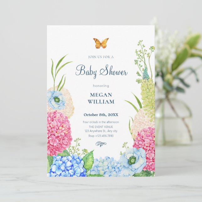 Flowers bloom butterfly baby shower invitation (Standing Front)