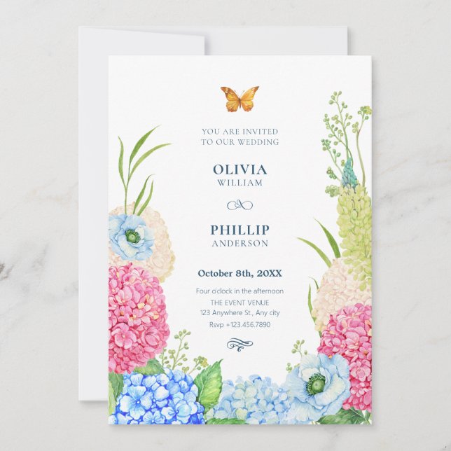 Flowers bloom butterfly wedding invitation (Front)