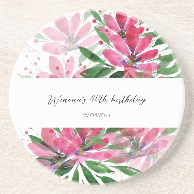 Flowers Bloom Original Art Watercolor Monogrammed Coaster (Front)