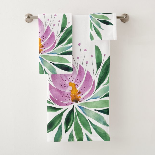 Flowers Bloom Violet Lotus Watercolor Art Bath Towel Set (Insitu)